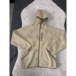 J Crew Jacket Nordic Sherpa Fleece Polartec Hooded Beige Tan Mens Size XL